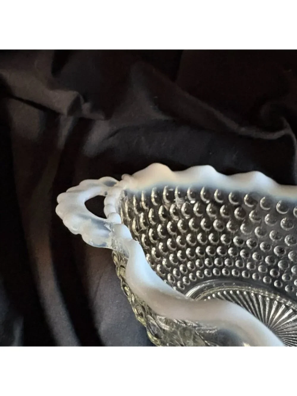 FENTON Vintage Opalescent Moonstone Bowl with Handles Ruffled Hobnail 7 in